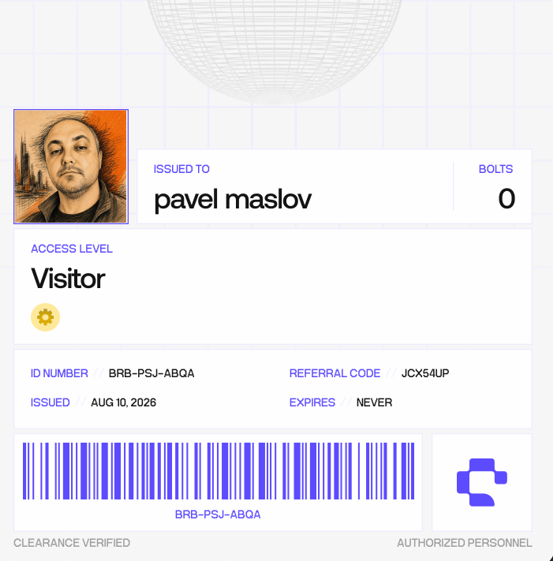 A digital visitor badge issued to 'pavel maslov' with Access Level 'Visitor', ID Number 'BRB-PSJ-ABQA', Referral Code 'JCXS4UP', issued AUG 10, 2026.