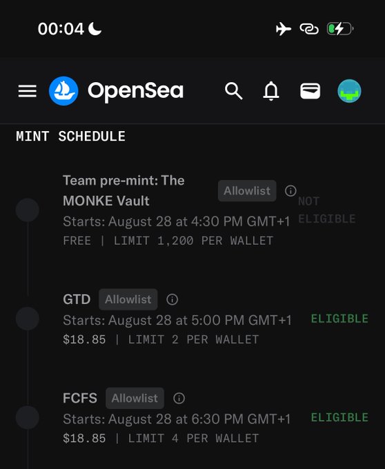 A mobile screenshot of the OpenSea app displaying a 'MINT SCHEDULE' with entries for 'Team pre-mint: The MONKE Vault', 'GTD', and 'FCFS', noting eligibility for the GTD and FCFS mints.