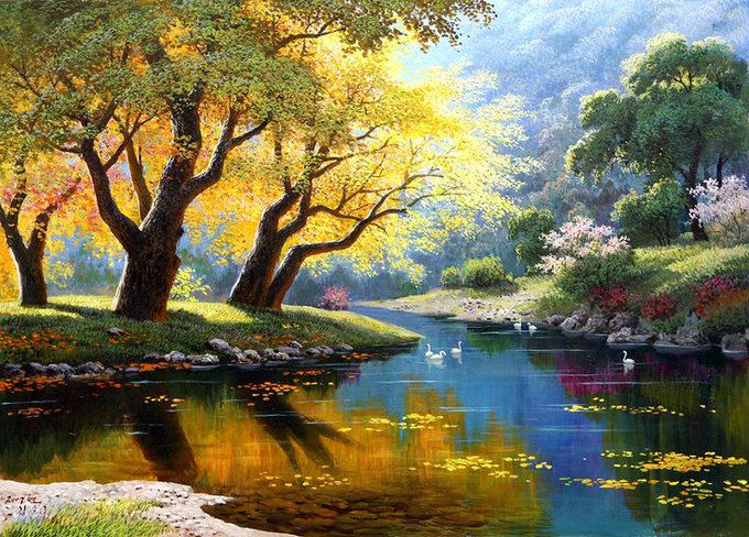 A serene landscape painting depicting a tranquil river reflecting autumn trees with golden and yellow foliage, featuring swans on the water and a lush green forest in the background.