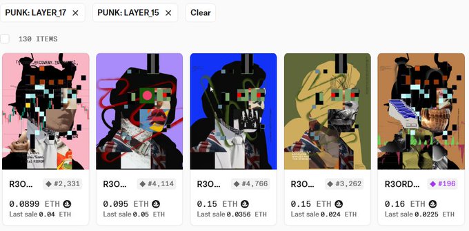 A screenshot of a digital art marketplace showing five pixelated glitch-art style avatars in the 'PUNK: LAYER 15' and 'PUNK: LAYER 17' collections, priced in ETH.