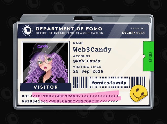 A digital ID badge titled 'DEPARTMENT OF FOMO' displays the name 'Web3Candy' with the username '@Web3Candy' and the website 'fomies.family', featuring an anime-style avatar with purple hair.