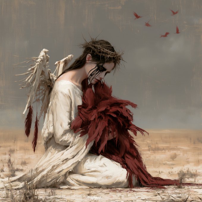 A somber artistic illustration shows a kneeling woman wearing a crown of thorns and tattered white and red garments, with skeletal wings on her back and red birds flying in the gray sky above.