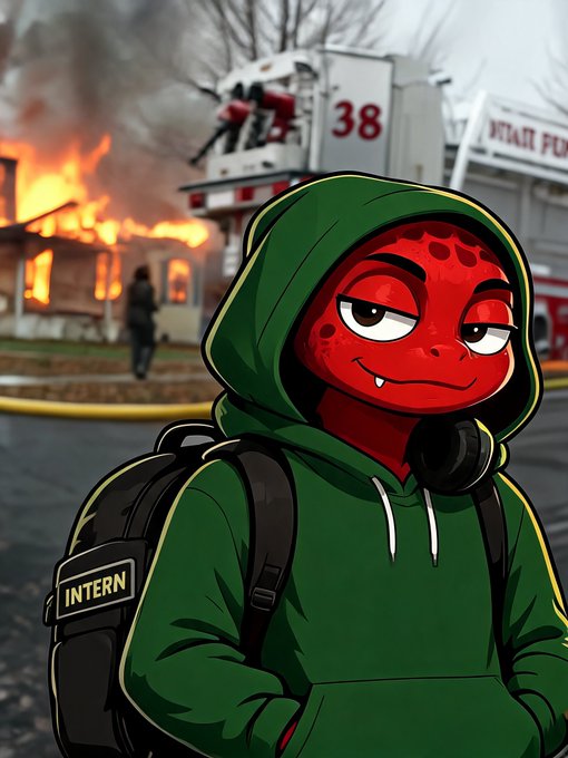 A smug red cartoon character wearing a green hoodie and an "INTERN" backpack stands in the foreground, while behind them a fire engine marked "38" and a building labeled "DUTCH FIRE" are at the scene of a raging blaze—visually playing on the meme of a careless intern causing disaster, here humorously blamed for breaking Robinhood Crypto's buy button during the 2021 GameStop short squeeze.