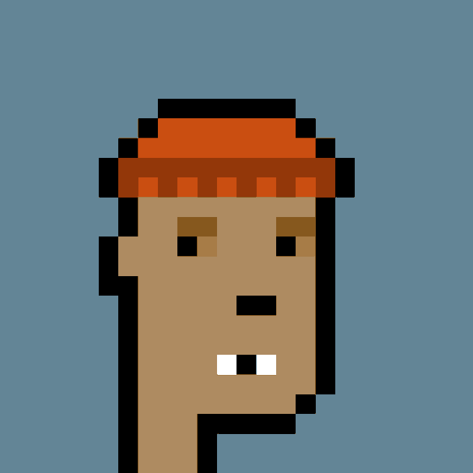 A pixel art portrait of a CryptoPunk character with tan skin, wearing an orange headband, featuring a small mouth and a prominent buck tooth, set against a gray background. This is Punk #7607, recently purchased for 44 ETH (approximately $69,054 USD).
