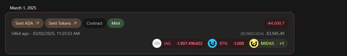 Crypto transaction interface showing a Sent ADA transaction on March 1, 2025, with Contract=Mint, -1,907.494422 IAG, -1,000 BTN, and +1 MIDAS, totaling ~$3,945.49 (-$4,000.70).