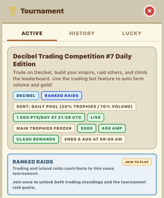 A mobile app tournament screen showing 'Decibel Trading Competition #7 Daily Edition' with tags for Decibel, Ranked Raids, Clash Rewards, and a $500 prize pool ending August 8 at 06:00 AM.
