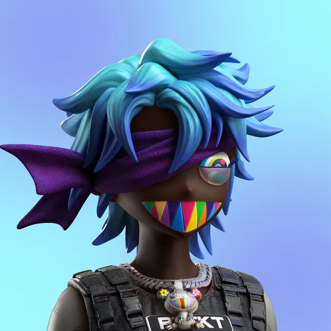 A 3D-rendered CloneX avatar with spiky blue hair, a purple bandana covering the eyes, a colorful jagged grin, and a tactical vest featuring a "FUKT" patch and bear pendant appears, reflecting the post's celebration of CloneX Panda Week and its showcase of distinctive character traits.