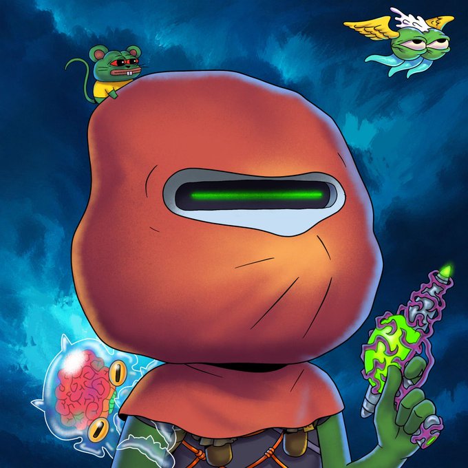 A colorful digital illustration of a red-hooded, visor-eyed character holding a brain in a jar and a glowing green weapon, accompanied by small floating creatures.