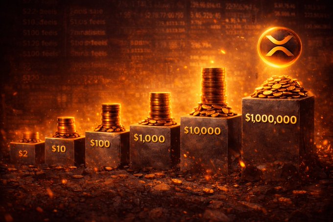 Six rising stacks of golden coins sit atop pedestals labeled $2, $10, $100, $1,000, $10,000, and $1,000,000, with an XRP token symbol glowing above the tallest stack, visually illustrating the post's hypothetical price ladder for XRP.