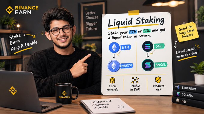 A smiling man with glasses sits at a desk pointing toward a whiteboard-style infographic titled "Liquid Staking," which explains that staking ETH or SOL yields liquid tokens (WBETH and BNSOL) in return, emphasizing features like earning rewards, usability in DeFi, medium risk, and being ideal for long-term holders. The Binance Earn logo appears in the top left, and Binance-branded items including a laptop, mug, and books labeled "ETHEREUM," "SOLANA," and "DEFI" are arranged on the desk, all supporting the post's message about how Binance Earn allows users to stake their ETH or SOL and receive a liquid token back.