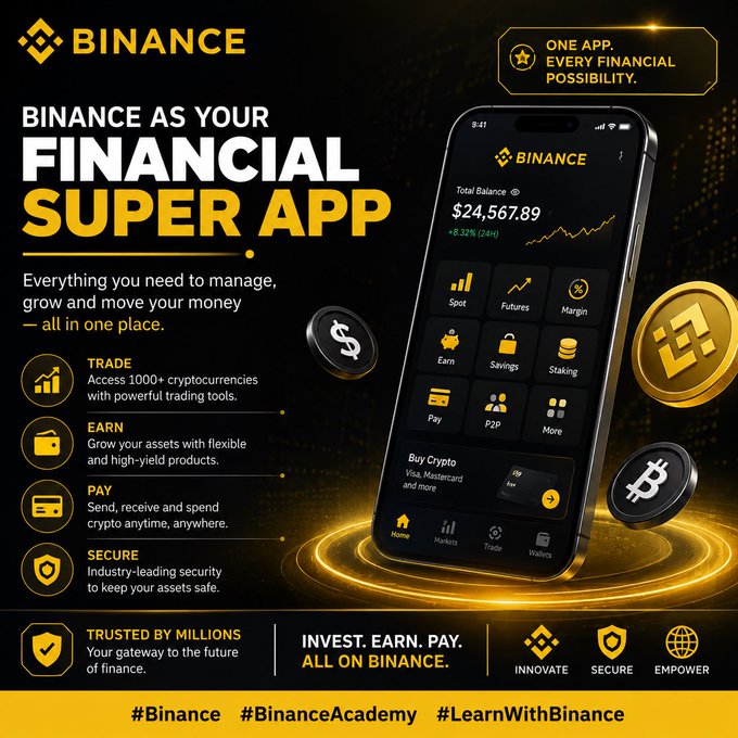 Promotional graphic for Binance advertising it as a 'Financial Super App' with features including Trade, Earn, Pay, and Secure, featuring the app interface showing a balance of $24,567.89.