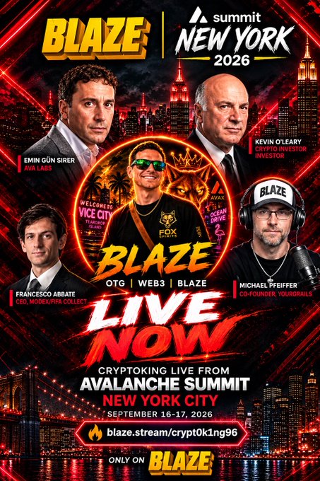 A duplicate of the 'Blaze New York 2026' promotional poster, again advertising 'CryptoKing Live from Avalanche Summit New York City' with the same four featured speakers.