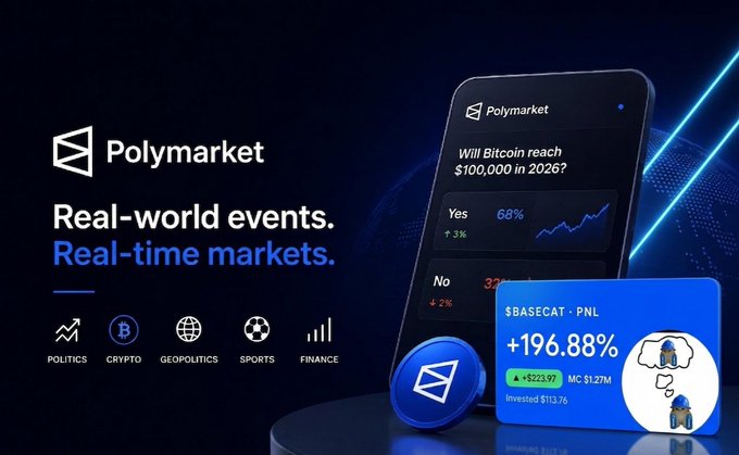 A Polymarket promotional graphic advertising 'Real-world events. Real-time markets.' covering Politics, Crypto, Geopolitics, Sports, and Finance, featuring a mobile app showing 'Will Bitcoin reach $100,000 in 2026?' and a trader's PNL of +196.88% on $BASECAT.