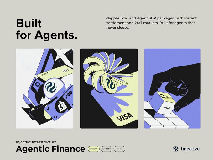 A promotional graphic for Injective titled 'Built for Agents' featuring stylized illustrations of credit cards (including Visa) with payment-related imagery, promoting their Agentic Finance infrastructure with dappbuilder and Agent SDK for 24/7 markets.