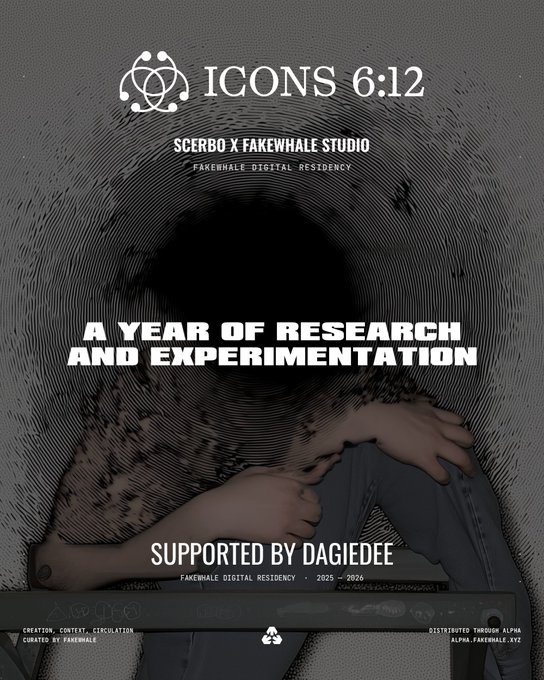 A poster for "ICONS 6:12" by "SCERBO X FAKEWHALE STUDIO," subtitled "A YEAR OF RESEARCH AND EXPERIMENTATION," with the text "SUPPORTED BY DAGIEDEE" and "FAKEWHALE DIGITAL RESIDENCY · 2025 - 2026" displayed over a distorted, mirrored image of a person.