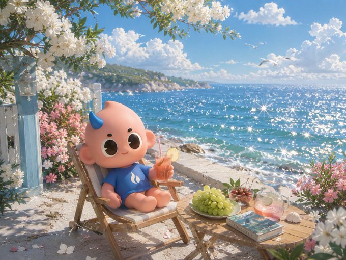 A 3D-rendered cartoon baby character with blue horns sits on a beach chair by the sea, holding a drink with a side table featuring grapes and a book.
