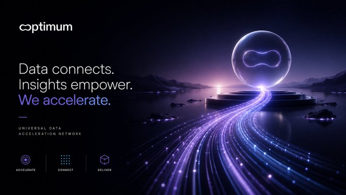 An Optimum advertisement featuring a glowing infinity symbol in a bubble with the text 'Data connects. Insights empower. We accelerate.' for their Universal Data Acceleration Network.