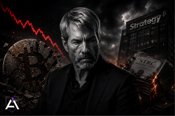A grim-faced Michael Saylor stands amid a backdrop of financial ruin, with a plunging red Bitcoin price chart, a shattered BTC coin, and burning "STRC" preferred stock certificates beside a building labeled "Strategy$." The imagery dramatizes Strategy (formerly MicroStrategy)'s $10.6 billion unrealized loss and the collapse of its preferred stock dividends as every Bitcoin purchased since 2024 now sits underwater against the $75,700 average entry price.