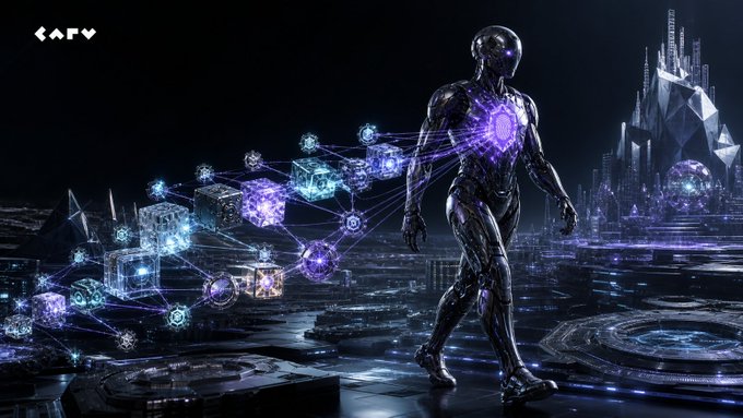 An advanced humanoid robot walks through a futuristic cityscape, connected by glowing lines to a network of interconnected digital cubes, representing its earned "onchain reputation." The logo "CAFV" is visible in the upper left corner.