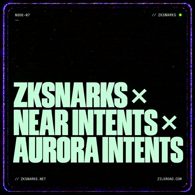 A black graphic with a glowing purple border displaying 'ZKSNARKS × NEAR INTENTS × AURORA INTENTS' in large green text, with 'NODE-07' in the top left and ZKSNARKS.NET and ZILKROAD.COM at the bottom.