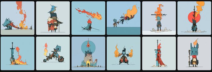 A grid of twelve pixel art illustrations depicting various fire-wielding knight and warrior characters in different poses.