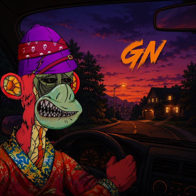 A vibrant cartoon artwork featuring a menacing monkey character wearing a purple beanie and ornate red clothing, driving a car at sunset with 'GN' text visible.