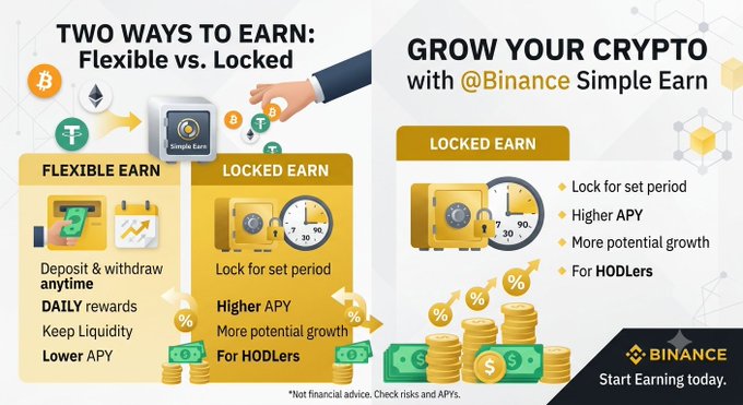 A Binance advertisement titled "TWO WAYS TO EARN: Flexible vs. Locked" and "GROW YOUR CRYPTO with @Binance Simple Earn," highlighting options like "FLEXIBLE EARN" (deposit anytime, daily rewards, lower APY) and "LOCKED EARN" (set period, higher APY, for HODLers), with a disclaimer noting "*Not financial advice. Check risks and APYs."
