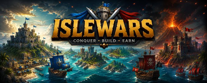 The image is a promotional banner for "ISLEWARS," featuring the tagline "CONQUER • BUILD • EARN" against a vivid backdrop of a medieval coastal battle, with a blue-bannered ship facing a skull-flagged pirate vessel near a volcano and island fortresses—visually capturing the game's MMO strategy theme of conquest highlighted in the post.