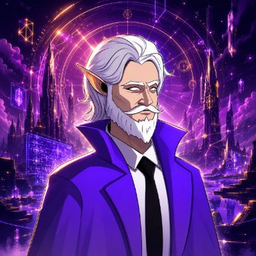 An anime-style illustration of a silver-haired elf with pointed ears and a white beard, wearing a purple suit and black tie, set against a magical purple cityscape background.