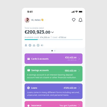 A smartphone screen displays a banking app for user 'Hi, Helen 👋' showing a total available debt of '€200,923.00', along with accounts for Cards (€32,422.00), Savings (€60,422.00), and Loans (-€125,422.00).
