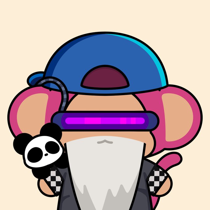 A cartoon character wearing a blue cap, purple glowing visor glasses, and large pink mouse ears, holding a small skull panda plushie.