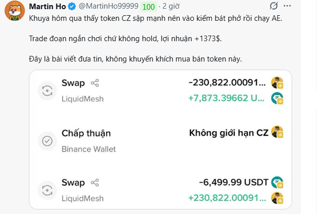A tweet from Martin Ho (@MartinHo99999) discussing CZ's token nearing a wallet and his trading profit of +1373$, including transaction details showing a Swap on LiquidMesh and Binance Wallet approval.