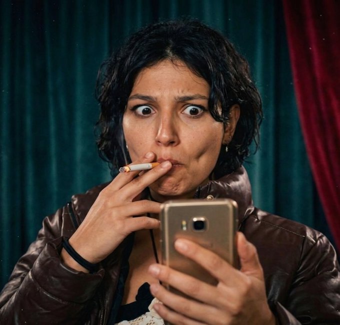 A woman with dark hair and wide eyes holds a lit cigarette and looks at a gold smartphone, standing in front of a teal curtain with a maroon drape to the side.
