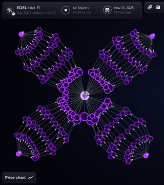 A network diagram titled "EDEL Eden" shows 29,261 Holders and All Tokens as of Nov 13, 2025, with a single central node connected to sprawling clusters of purple nodes, illustrating the concentrated token distribution that aligns with the claim of supply being hidden and sniped before being sold.