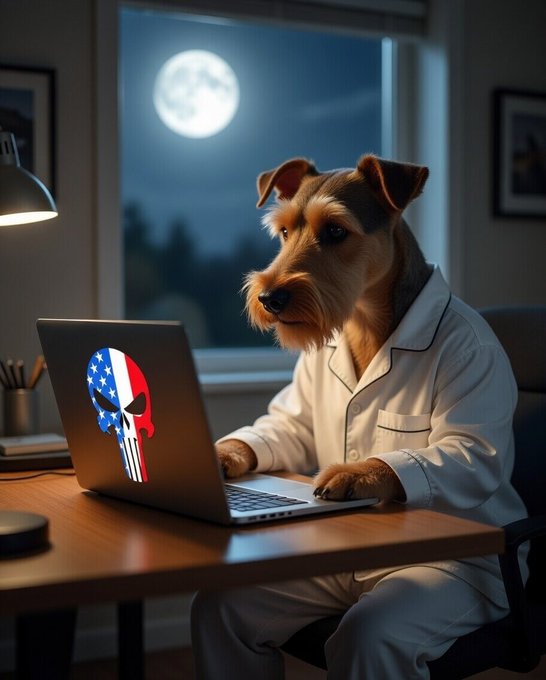 The image features an adorable brown dog sitting at a desk with a laptop computer open in front of him, wearing pajamas as if he were working from home or taking a break from his daily routine. The background shows a window that lets in natural light, and there is a full moon visible outside the window. The caption reads "GM Everyone Happy Thursday They call @wallchain a lost story. I call it a chapter waiting to be rewritten. Some projects disappear, but a few return stronger than ever. Still watching. Still believing in @wallchain Legends always come back stronger".