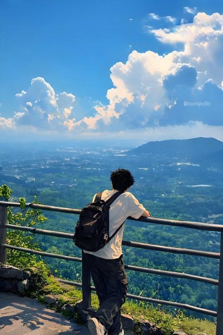 An anime-style illustration of a person with a backpack leaning against a railing, looking out over a vast green valley and distant mountains under a blue sky with fluffy clouds, with the text "@novelphotos" visible.