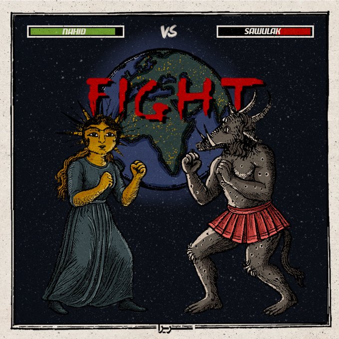 The image features a cartoon illustration of two characters - a woman with blonde hair wearing a blue dress and a man dressed as a devil, both holding punches at each other. The background shows a globe and the words "ETH" and "ART" are visible in the image. The caption below the image reads "$ETH is low, Buy some ART superrare.com/artwork/eth/0x".