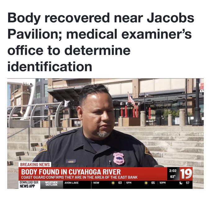 The image is a screenshot of a news broadcast from 19 News with the headline "Body recovered near Jacobs Pavilion; medical examiner's office to determine identification," featuring a police officer (badge 9305) being interviewed about a body found in the Cuyahoga River, with breaking news ticker showing 2:02 PM and 63°. The image appears unrelated to the accompanying post about online trading risks and a trader named @Oculustrades, likely attached to the post by mistake or to draw a broader cautionary comparison about visibility and vulnerability.