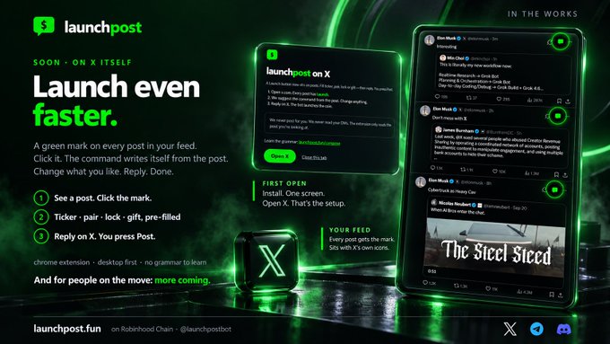 A promotional graphic for 'launchpost' announcing their X (Twitter) extension launch, featuring three steps: see a post, ticker+pair+lock, and reply with a green check mark icon.