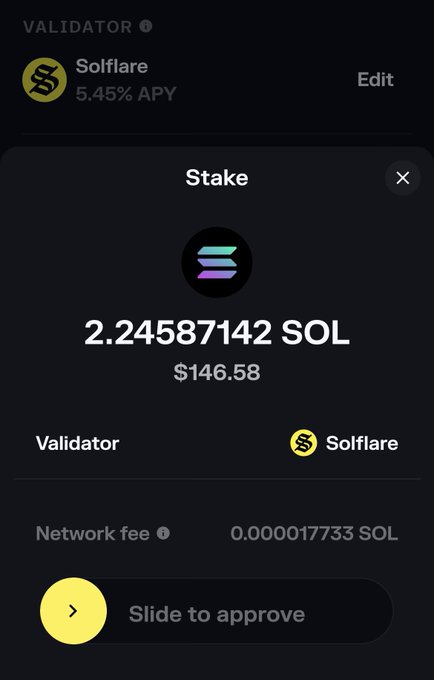 A mobile app screen showing a staking interface for Solflare on Solana, displaying a stake of 2.24587142 SOL (~$146.58) with a network fee of 0.000017733 SOL and a 'Slide to approve' button.