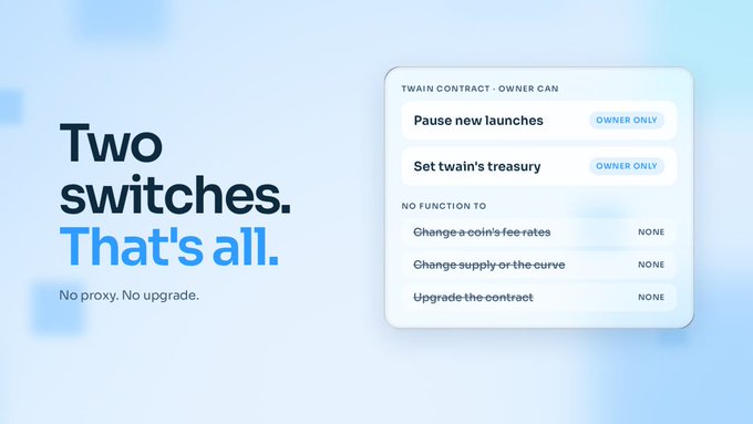 Promotional graphic stating 'Two switches. That's all.' explaining a TWAIN contract feature with owner-only controls and a 'No proxy. No upgrade.' tagline.