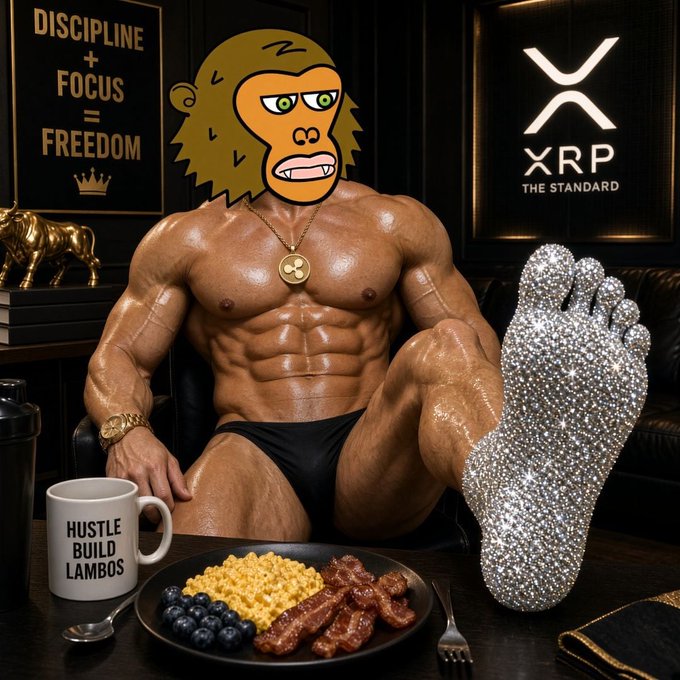 A muscular bodybuilder with a cartoon ape face sits at a table with a "HUSTLE BUILD LAMBOS" mug, a plate of food, and a diamond-encrusted foot, with framed "DISCIPLINE + FOCUS = FREEDOM" and "XRP THE STANDARD" posters behind him.
