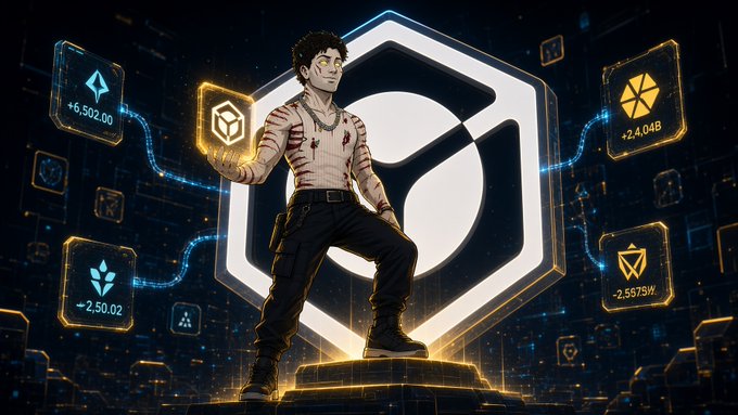 A stylized illustration of a man with glowing hand, standing in front of a large hexagonal logo, surrounded by floating cryptocurrency icons with values like +6,502.00 and -2.50.02.