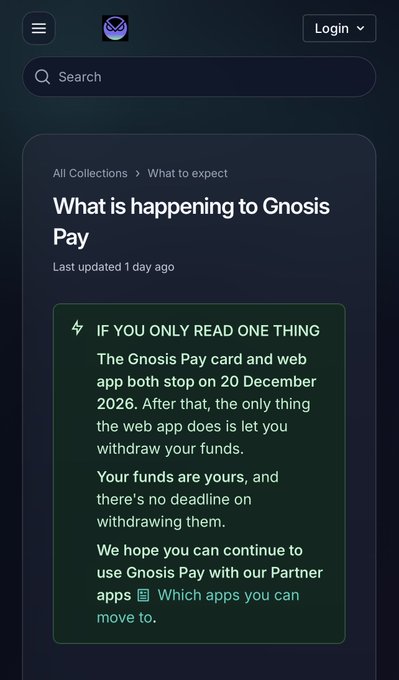 A mobile screenshot of a Gnosis Pay support page titled 'What is happening to Gnosis Pay,' announcing the card and web app will stop on 20 December 2026 while funds remain withdrawable.
