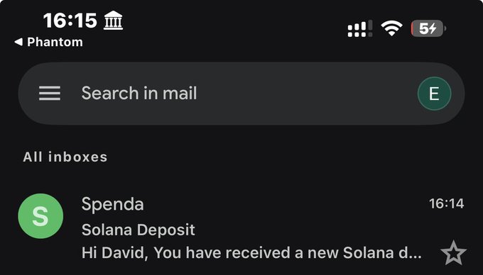 A smartphone screenshot shows an email inbox at 16:15 with a notification from Spenda about a 'Solana Deposit' starting with 'Hi David, You have received a new Solana d...'