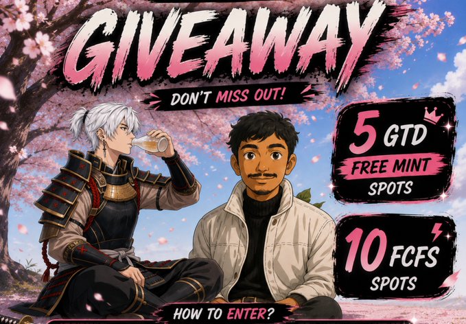 Anime-style promotional graphic for a Kenji Origins giveaway, featuring two illustrated characters (a white-haired samurai drinking sake and a dark-haired man in a white jacket) against a cherry blossom backdrop, advertising "5 GTD FREE MINT SPOTS" and "10 FCFS SPOTS" with entry instructions below.