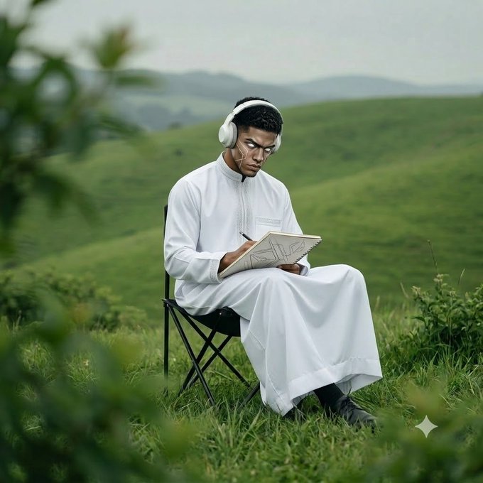 A young man wearing a white thobe and headphones sits on a folding chair in a green grassy field, writing in a notebook with a pen, surrounded by rolling hills under an overcast sky.