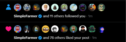 A screenshot of X (formerly Twitter) notifications showing that SimpleFarmer and 11 others followed the account, while SimpleFarmer and 76 others liked a recent post, reflecting the welcoming engagement described in the caption about Catz joining Clutch Market, a DEX, and OpenSea.