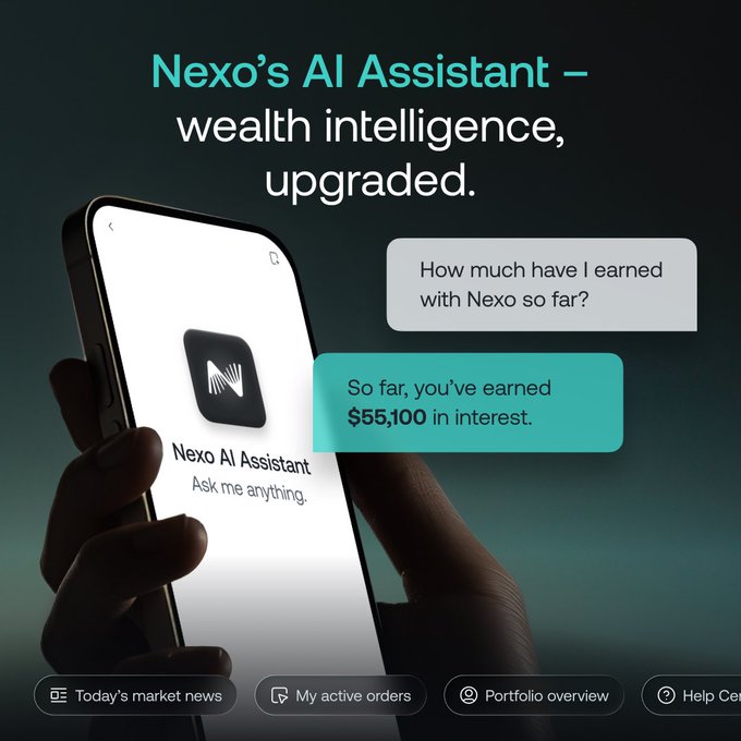 A hand holds a smartphone displaying the Nexo AI Assistant app with the prompt "Nexo AI Assistant – Ask me anything," alongside sample chat bubbles where a user asks "How much have I earned with Nexo so far?" and receives the response "So far, you've earned $55,100 in interest," with bottom navigation tabs for Today's market news, My active orders, Portfolio overview, and Help Center. The image directly illustrates the post's message by showcasing the AI tool's real-time ability to provide instant clarity on earnings and portfolio insights, enabling users to make informed financial decisions.