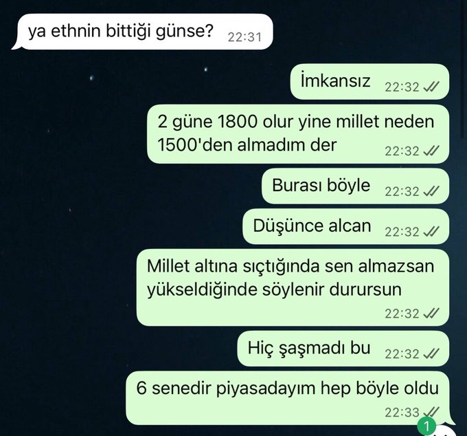 A Turkish-language WhatsApp conversation screenshot where one person discusses crypto markets, saying they've been in the market for 6 years and prices always rise after dropping.